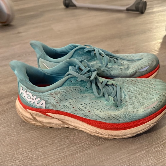 Hoka Light Blue and Red Athletic Shoes - Picture 2 of 4